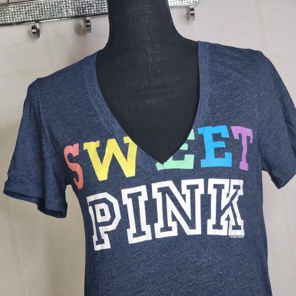 Victoria's Secret Navy Heather Sweet Pink Rainbow V Neck Short Sleeve Tee Size M - Picture 5 of 16
